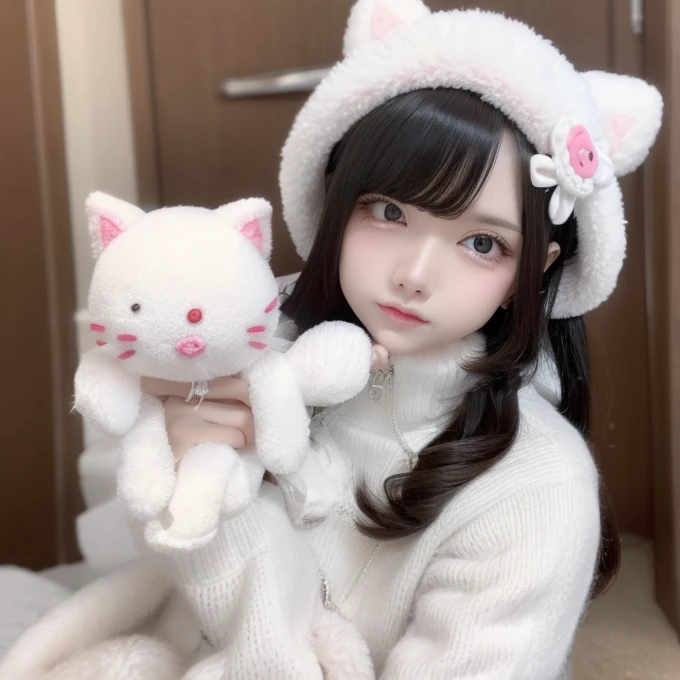 There is a lady holding a plush toy, Hello Kitty;, Trends in CGTacing:, very beautiful and cute kitten, Popular content on cgstation, Sakimichan, Surreal sweet bunny girl, Nguyen Vtuber's father, Hello Kitty, 480p, 4 8 0 points, Linda Delfina, Charming cat girl, Light milky white porcelain skin, White Cat --auto