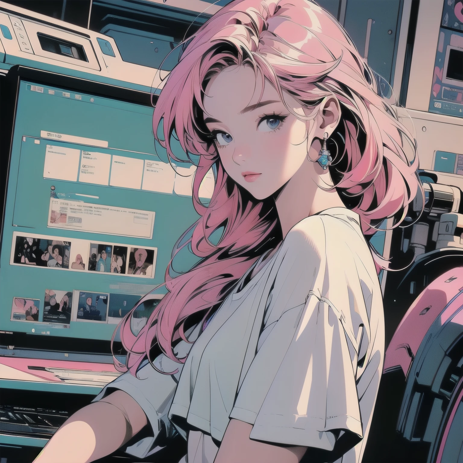 (((masterpiece, Highest quality)))、(((32K Wallpapers)))、The most detailed machine、(((The most complete and detailed colorfull futuristic machine and a woman)))、The most detailed background、(((Flat Chest)))、(((Surrounded by many complex, sophisticated, futuristic machines)))、head shot,((((more various angle))))、((Overall colorfully))、A perfect machine、(((Perfect Face)))、(((The most complete machine of the future)))、Detailed Hair、Trigun、Short sleeve white T-shirt、pink hair