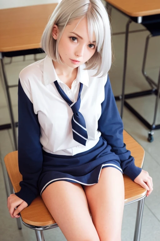 high quality,tall,short silver hair. Beautiful Faces. long-legged high school girl. short sailor uniform with a lot of skin exposure, Short skirt,Underwear is visible. Bare-chested. School classroom. Sitting at a desk、Her legs are slightly apart. 
slightly covetous expression. Erotic. R-18.