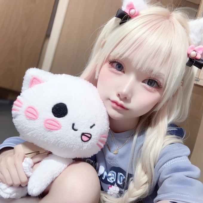 There is a lady holding a plush toy, Hello Kitty;, Trends in CGTacing:, very beautiful and cute kitten, Popular content on cgstation, Sakimichan, Surreal sweet bunny girl, Nguyen Vtuber's father, Hello Kitty, 480p, 4 8 0 points, Linda Delfina, Charming cat girl, Light milky white porcelain skin,  White Cat --auto