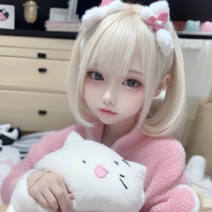 There is a lady holding a plush toy, Hello Kitty;, Trends in CGTacing:, very beautiful and cute kitten, Popular content on cgstation, Sakimichan, Surreal sweet bunny girl, Nguyen Vtuber's father, Hello Kitty, 480p, 4 8 0 points, Linda Delfina, Charming cat girl, Light milky white porcelain skin, White Cat --auto