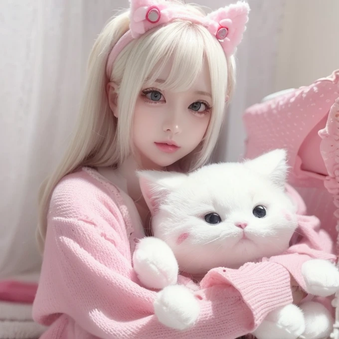 There is a lady holding a plush toy, Hello Kitty;, Trends in CGTacing:, very beautiful and cute kitten, Popular content on cgstation, Sakimichan, Surreal sweet bunny girl, Nguyen Vtuber's father, Hello Kitty, 480p, 4 8 0 points, Linda Delfina, Charming cat girl, Light milky white porcelain skin,  White Cat --auto