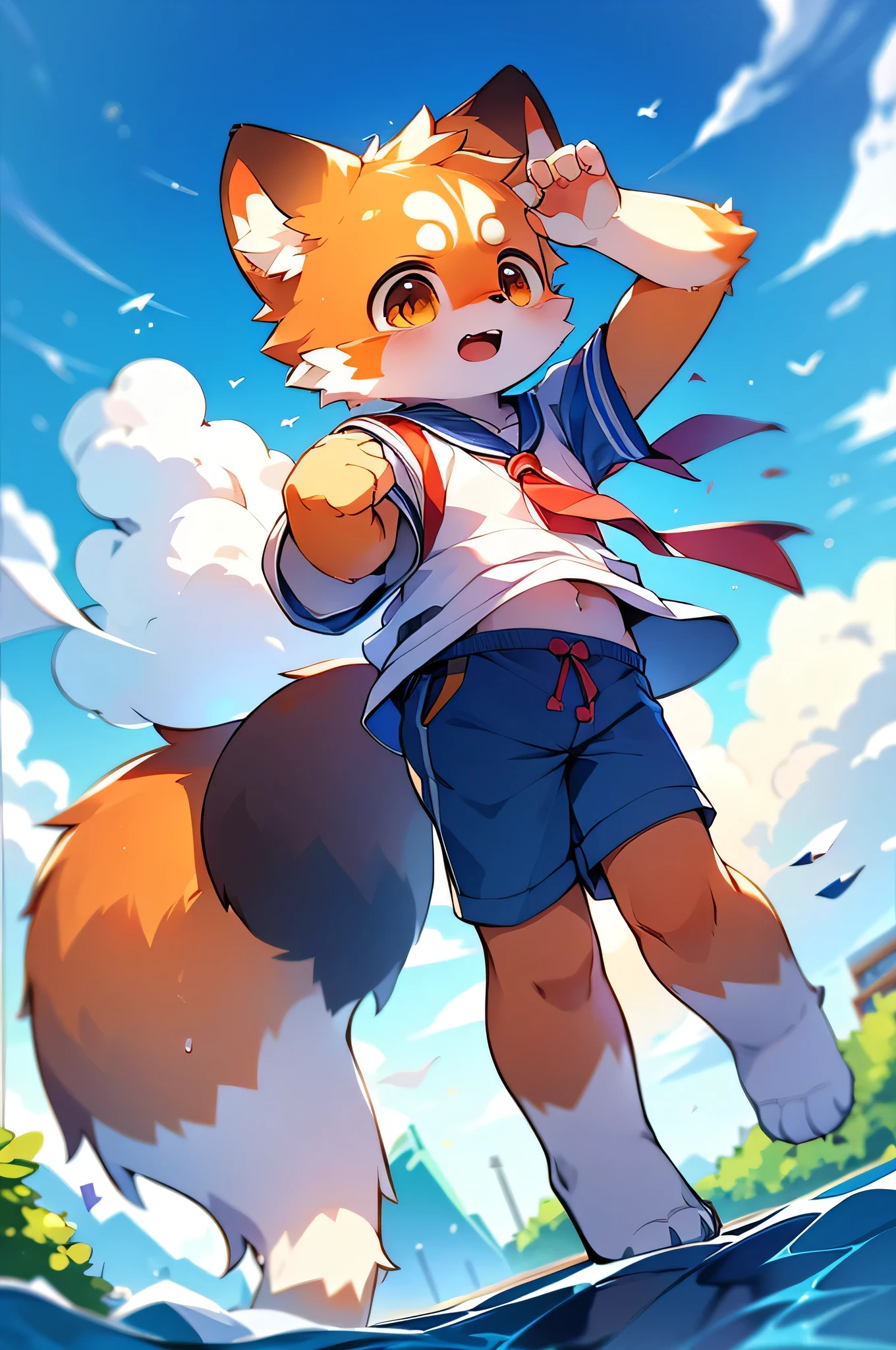 超High resolution,Awards,Highest quality,super high quality, Very detailed,High resolution,4K,animeのかわいいアートスタイル,Ocean,(Cheerful teenager,13 years old:1.3),anime,alone,single,male,Red Panda,retina,Accurate,masterpiece,Eye-level shot,Sailor suit,,Anatomically correct,(expensive),expensive,Cute Face,City,Awards,Prevention of birth defects,fly in the sky!