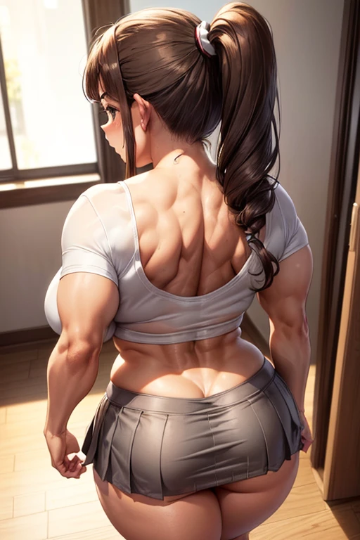 Pretty young girl, brown hair,beautiful long low ponytail hairstyle, (tight grey skirt and tight white bikini , short sleeve,,(slouch),(reisalin stout),(wide muscles),((sexy voluptuous body),((sexy back view)),(walking at room),(sexy body flexes)