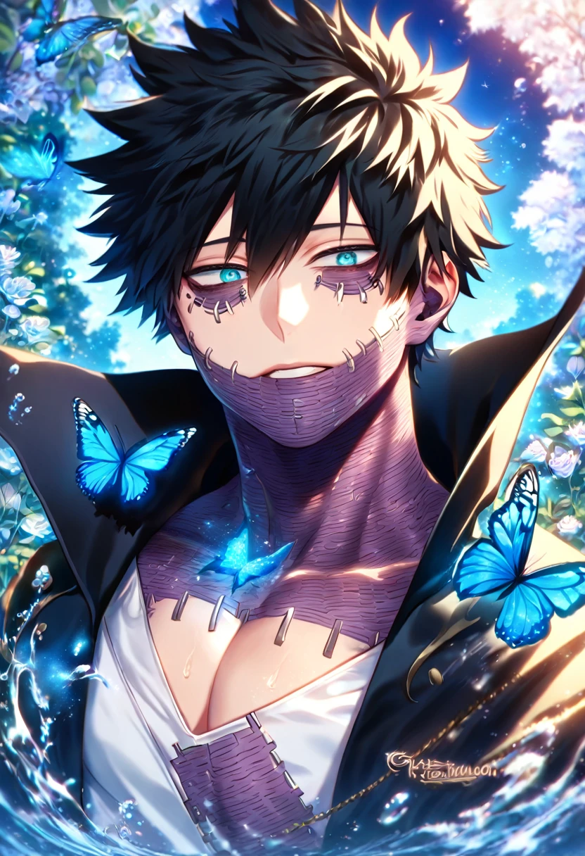 absurdres, highres, ultra detailed, HDR) master piece, best quality, extremely detailed, delicated features, Dabi, black hair, expressive turquoise eyes, Boku No Hero Academia, solo, sexy man, handsome, sensual, black coat with high collar, white T-shirt, fantasy, magical, glittering, water, blue flames, blue moon, blue flowers, blue butterflies, garden