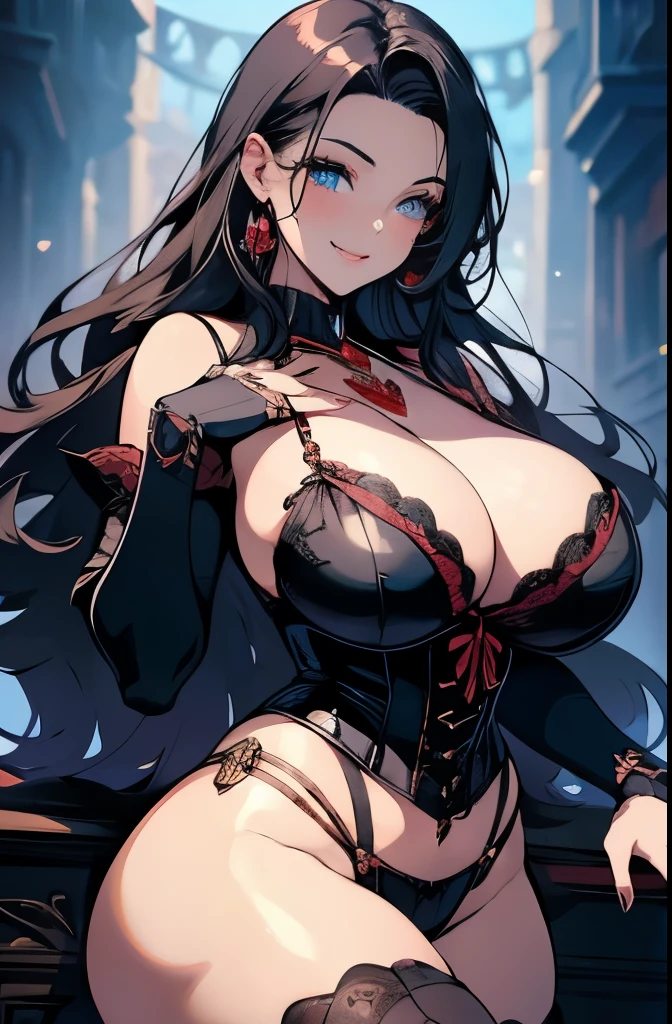 A glamour portrait of a smiling Vampire Princess, wearing VERY revealing clothing, corset, highly detailed and realistic eyes, Anime Blue eyes, a seductive gaze, long thick hair, a curvy figure, wide hips, round ass, seductive expression, open chest, bikini, Pose, Sexy, , Tight, Hourglass figure, Kiss lips, Smiling, Flirting, posing for an model photoshoot, realistic style, sharp focus, HD, UHD
