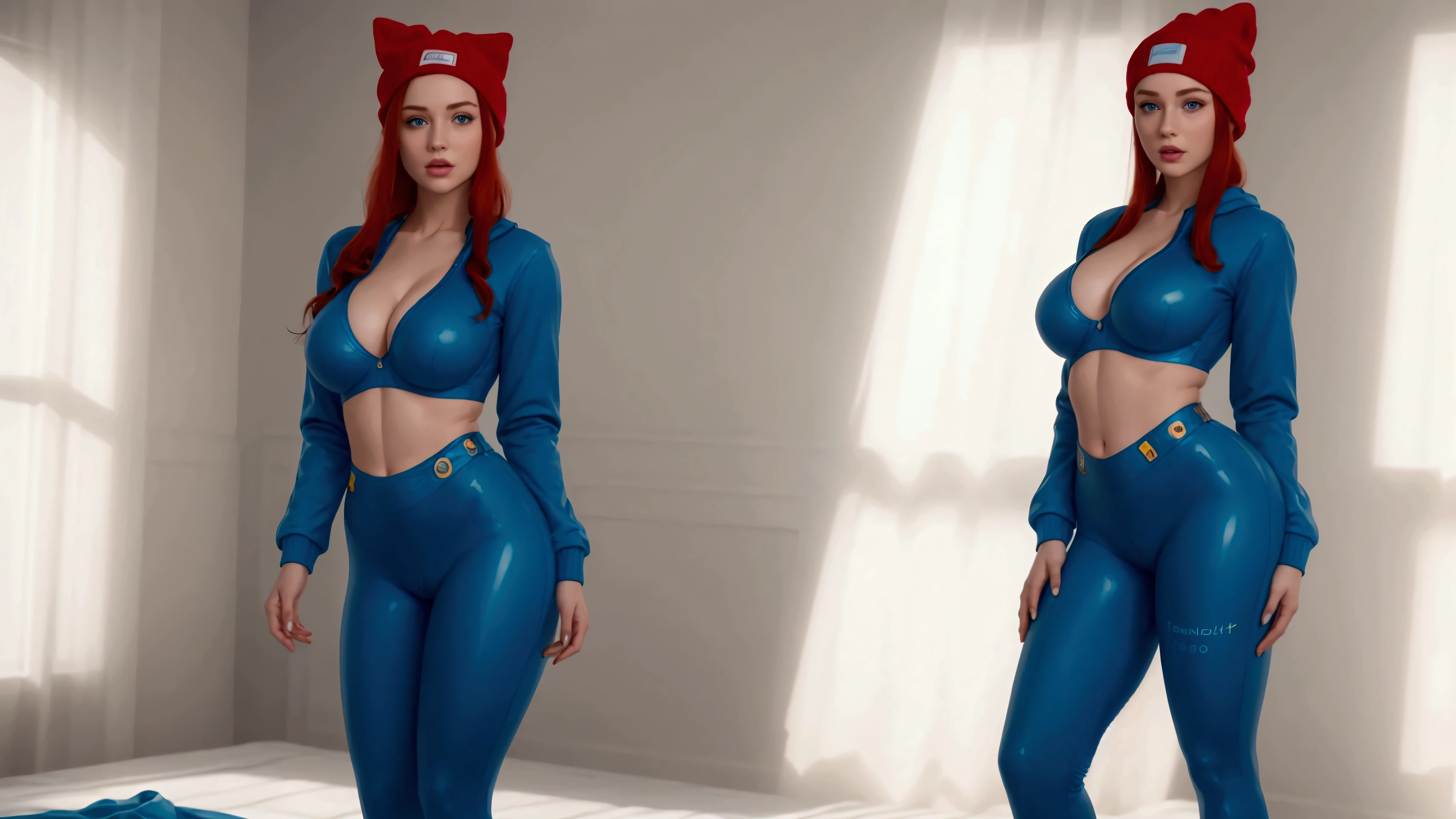 (Highly realistic and perfect image, high resolution, pure perfect realism), A single, perfectly beautiful young woman with medium-sized, well-rounded breasts., redheadwear, Bright blue eyes, shapely legs, wearing bra, dental floss, The vaginal lips are noticeable in the clothes., alone in the picture, full body view, with clothes, without hat, body wet and shiny, standing backwards, olhando para traz