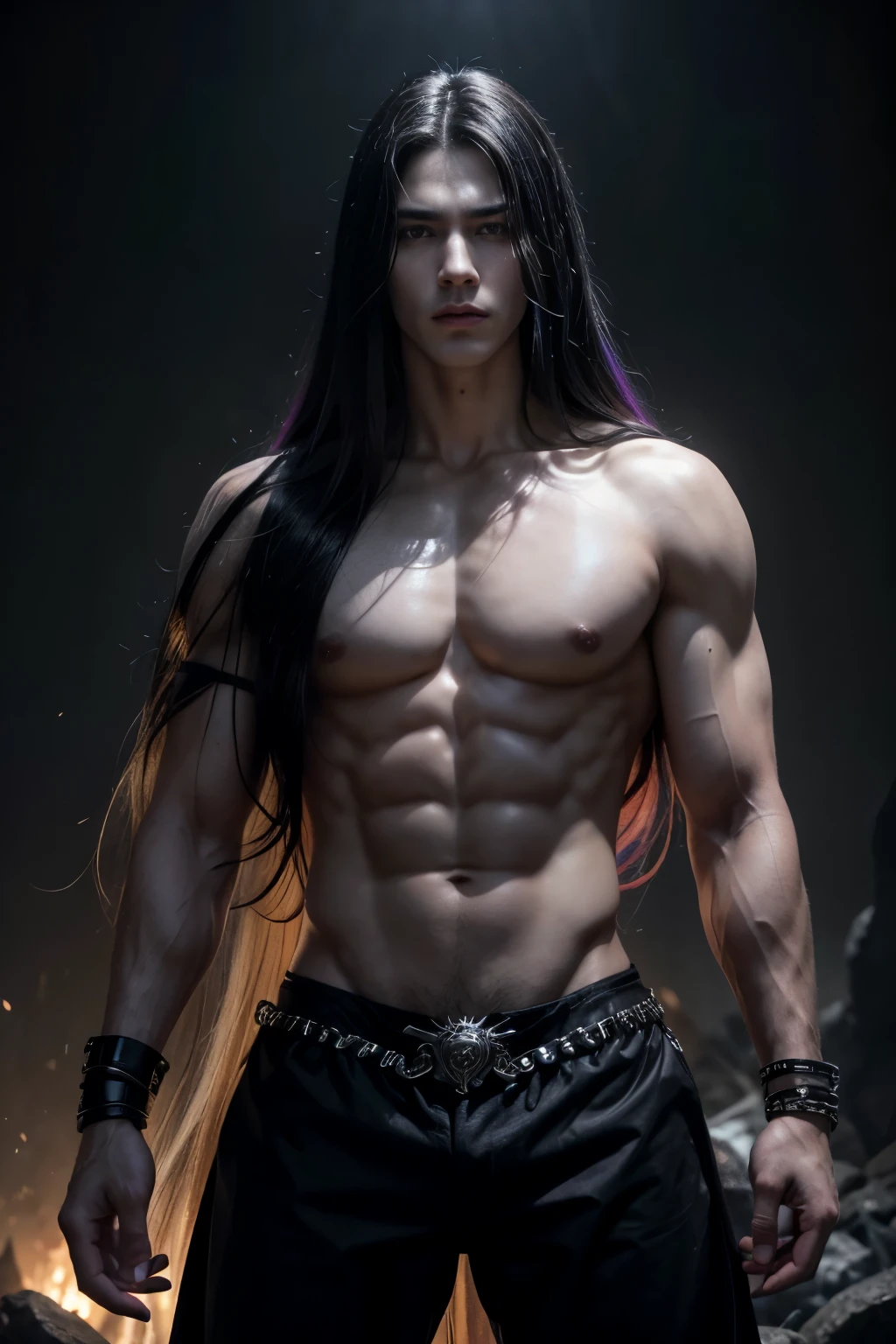 (8k,photorrealistic　RAW photograph　Maximum quality;1.4) (1 Korean) Super handsome king of the underworld　sorcerer (lifelike face) 　(rainbow hair,  Long straight hair in the wind)　slenderbody　Hairy, macho, muscular guy　grandes olhos negros　Aristocratic metallic outfit with transparent tunics　Black moon decorations　Fangs peeking out of the mouth　Pointed claws　a seductive gaze　Beautiful expression　A hyper-realistic　(King of the Underworld)　appealing　(real looking skin)　super high resolution　high détail　Luxury pants with black details　Black moon aura emanating from the body　effect　Black metal Lia cover 