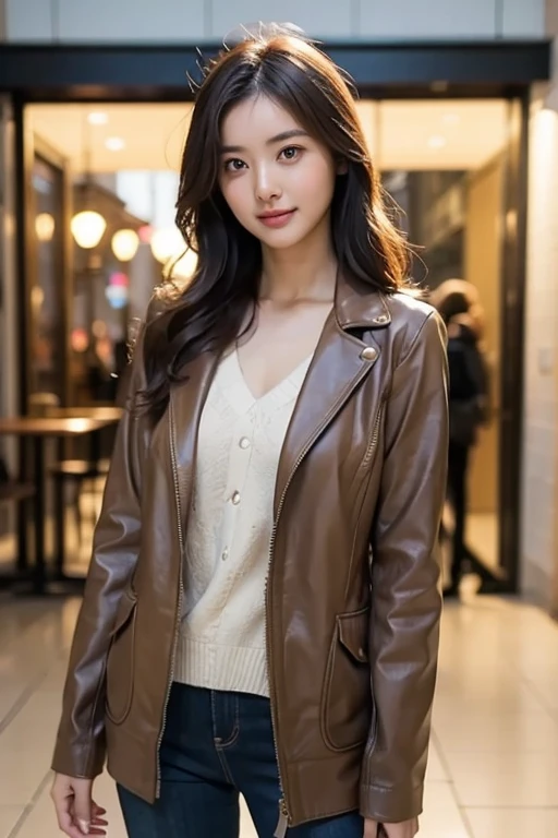 woman in a brown jacket posing for a picture,