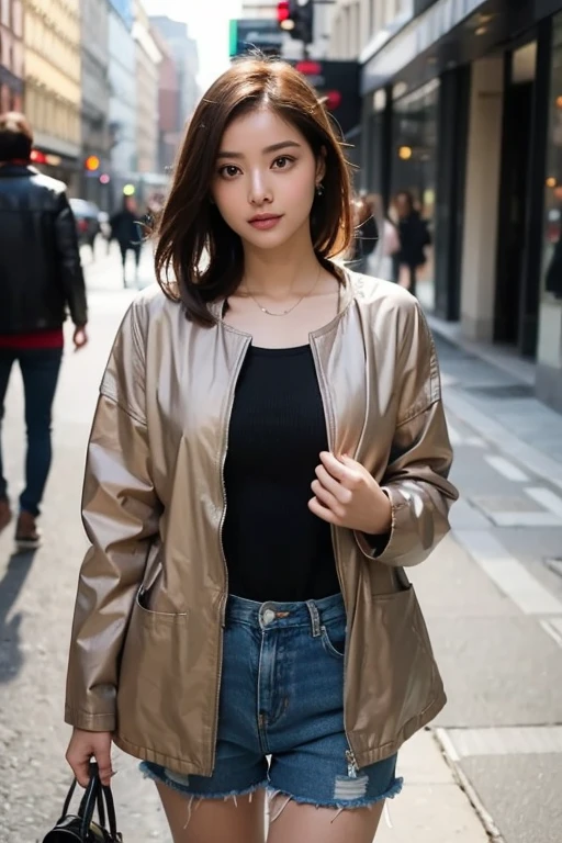 woman in a brown jacket posing for a picture,