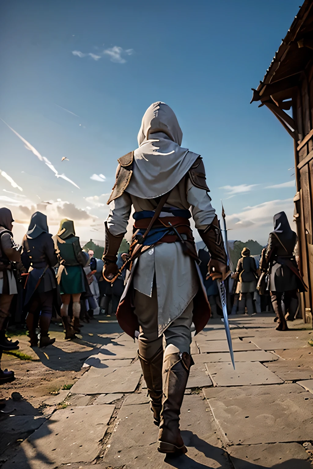 White Assassin Creed walking in the middle of goblins doing a party , rear view , sword in the back , sunrise background