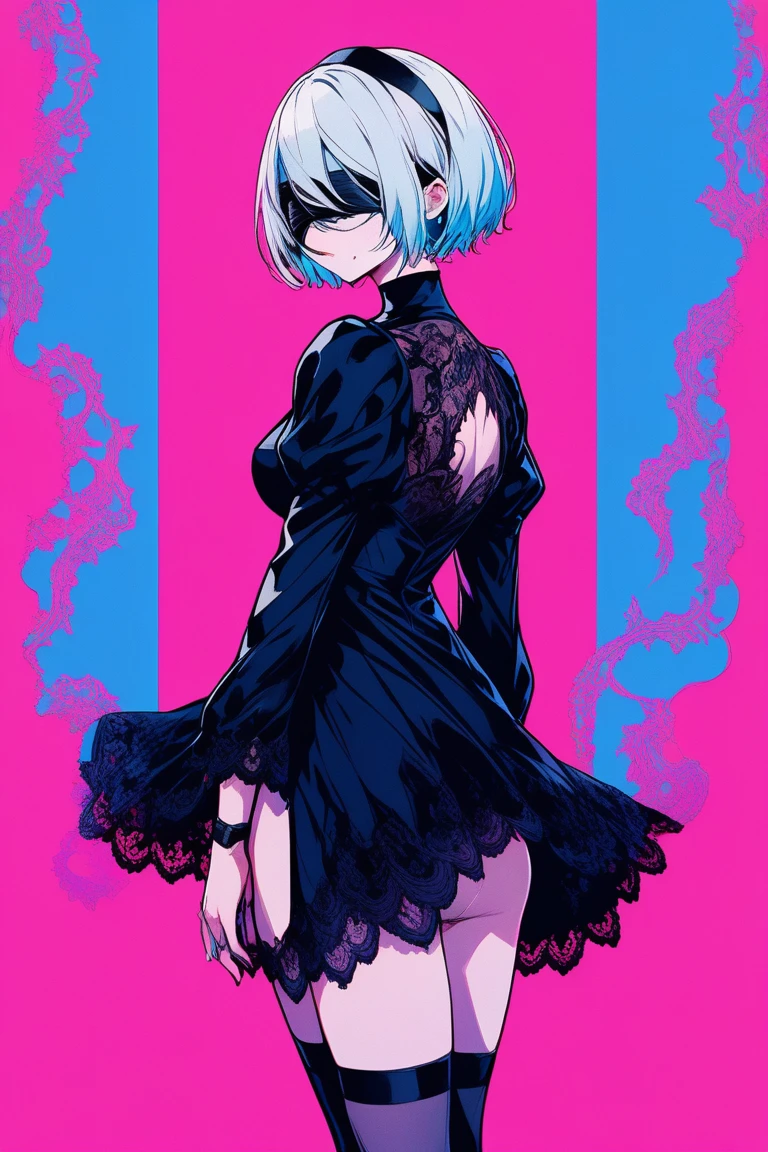 Illustrator, anime , Realistic ,sketch , 1 person, model, lip, A translucent gothic black mini dress with lots of lace, blindfold, eye covered, black blindfold, order, Blue and pink gradient background, Neon colored short hair,  Big Breasts, whole body, look back, Sexy look, Sexy pose, Texture Trim, Russia, (masterpiece,Highest quality)