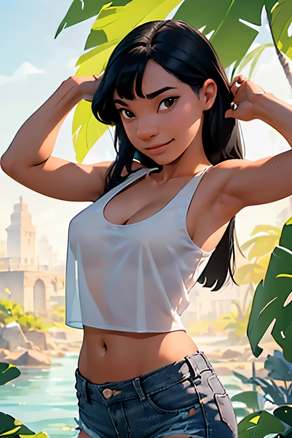 Lilo pelekai, long black hair, 
Detailed eyes,   flat chest,  slim body,  thin legs,  ((((masterpiece, best quality, high resolution)))), Extremely detailed 8K, Beautiful girl with slender body, (Ultra HD, Ultra-detailed, Highly detailed, Highly realistic, Ultra-realistic, photograph realistic), (1girl:1.5), (dynamic poses), facing at camera, light smile, (beautiful detailed face, beautiful detailed eyes), (white tank top, thin material), see through top, cleavage, dark jean shorts, glow, sweat, (sunbeam, sunlight), detailed makeup, nude, detailed nipples,  exposed breasts, fun , happy , smile, jump, exited, 