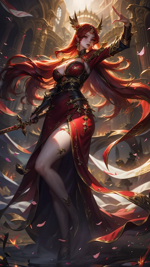 （best quality,masterpiece,Ultra-high resolution,photoactual:4：0),In the ruined castle,beauty,Elegant temperament,an oriental woman,25 years old,8k,Long flowing red hair,Devil's Horn,Big breasts,cleavage,,Wearing red ta style,Magic Effects,steel sword,Black light on the sword,,Sword Runes