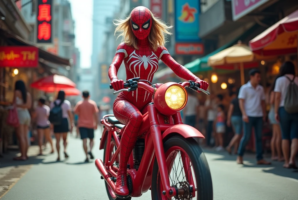 spidergirl (cute woman) in sexy tight fitting alien symbiote suit with red and white styling, on her octopus themed bicycle casually riding, crowded street of Bangkok
