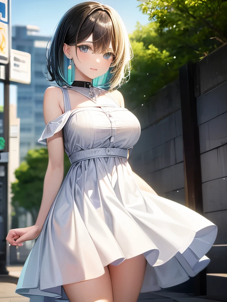 1 female, Black Hair, Blue Eyes, Delicate face, cute, Love Earrings, White Dress, Standing in front of the police station, Surreal