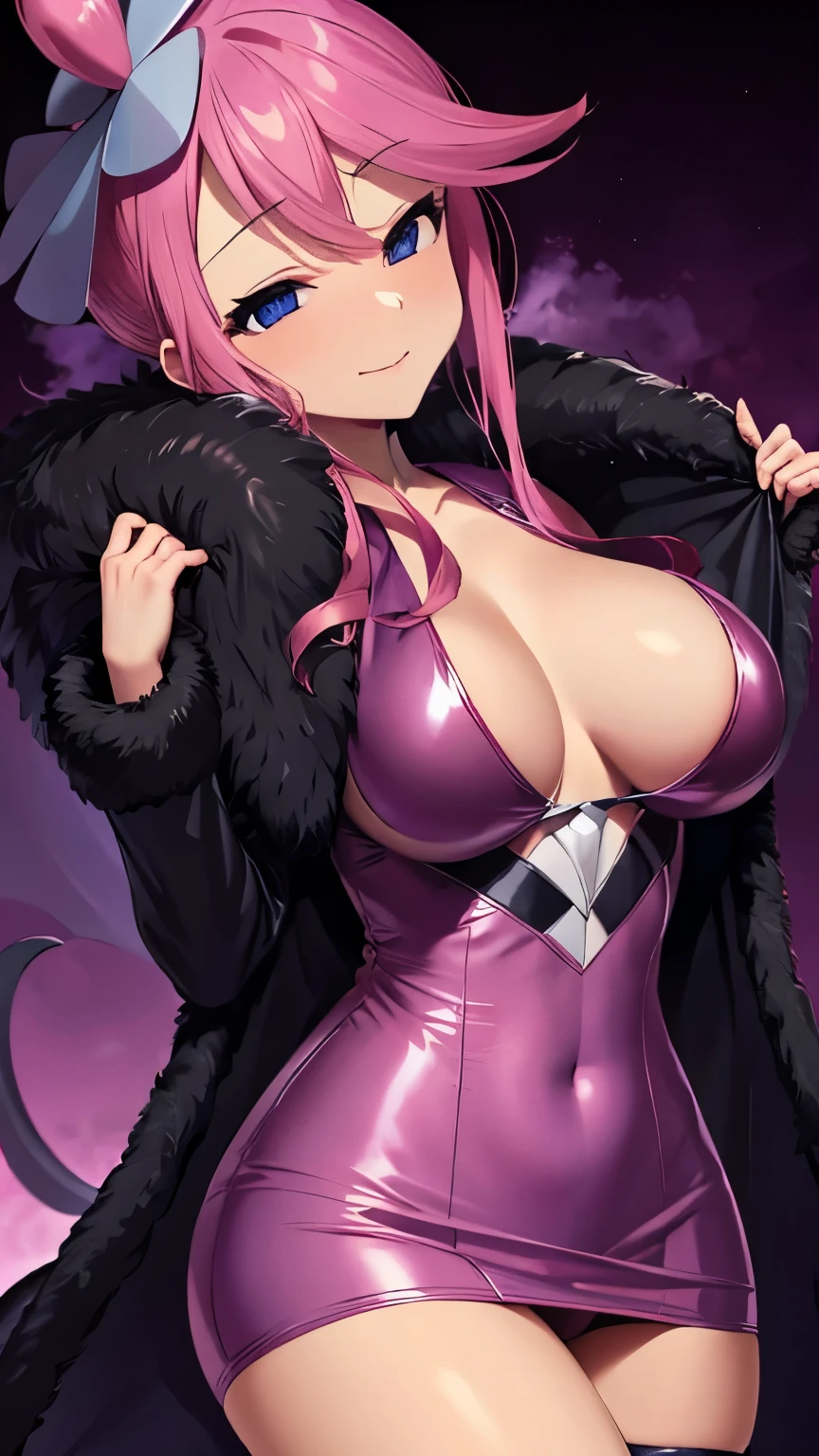 Erotic、Pokemon Skylar、Shiny purple nightgown Pink line、Evil female executive、sexy、Erotic Sneer、lure、Alluring、Pitch black background、Dark bedroom at night、Open long coat jacket