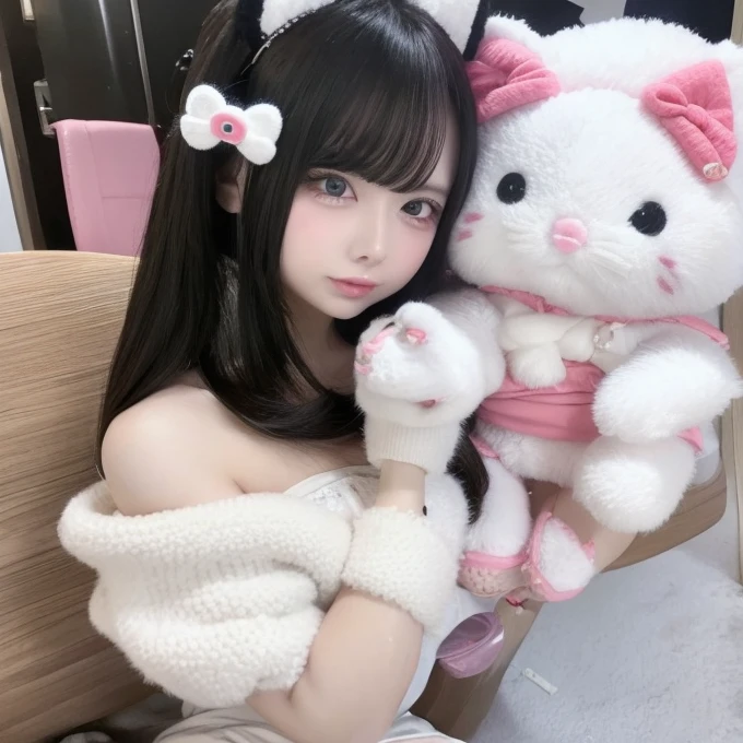 There is a lady holding a plush toy, Hello Kitty;, Trends in CGTacing:, very beautiful and cute kitten, Popular content on cgstation, Sakimichan, Surreal sweet bunny girl, Nguyen Vtuber's father, Hello Kitty, 480p, 4 8 0 points, Linda Delfina, Charming cat girl, Light milky white porcelain skin, White Cat --auto