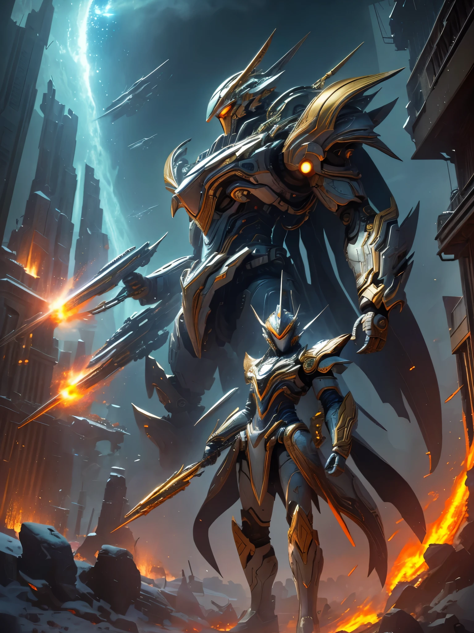 ((Highest quality)),(Ultra-high resolution),(Super detailed),(Detailed Description),((The best CG)),(masterpiece),Highly detailed art,(Art with precise detail:1.5), ((Science fiction movies:1.5)), (A meticulously crafted sci-fi setting:1.6), Lead-colored, gold, The heart will regain its brilliance, steel, Storm Light the fire
