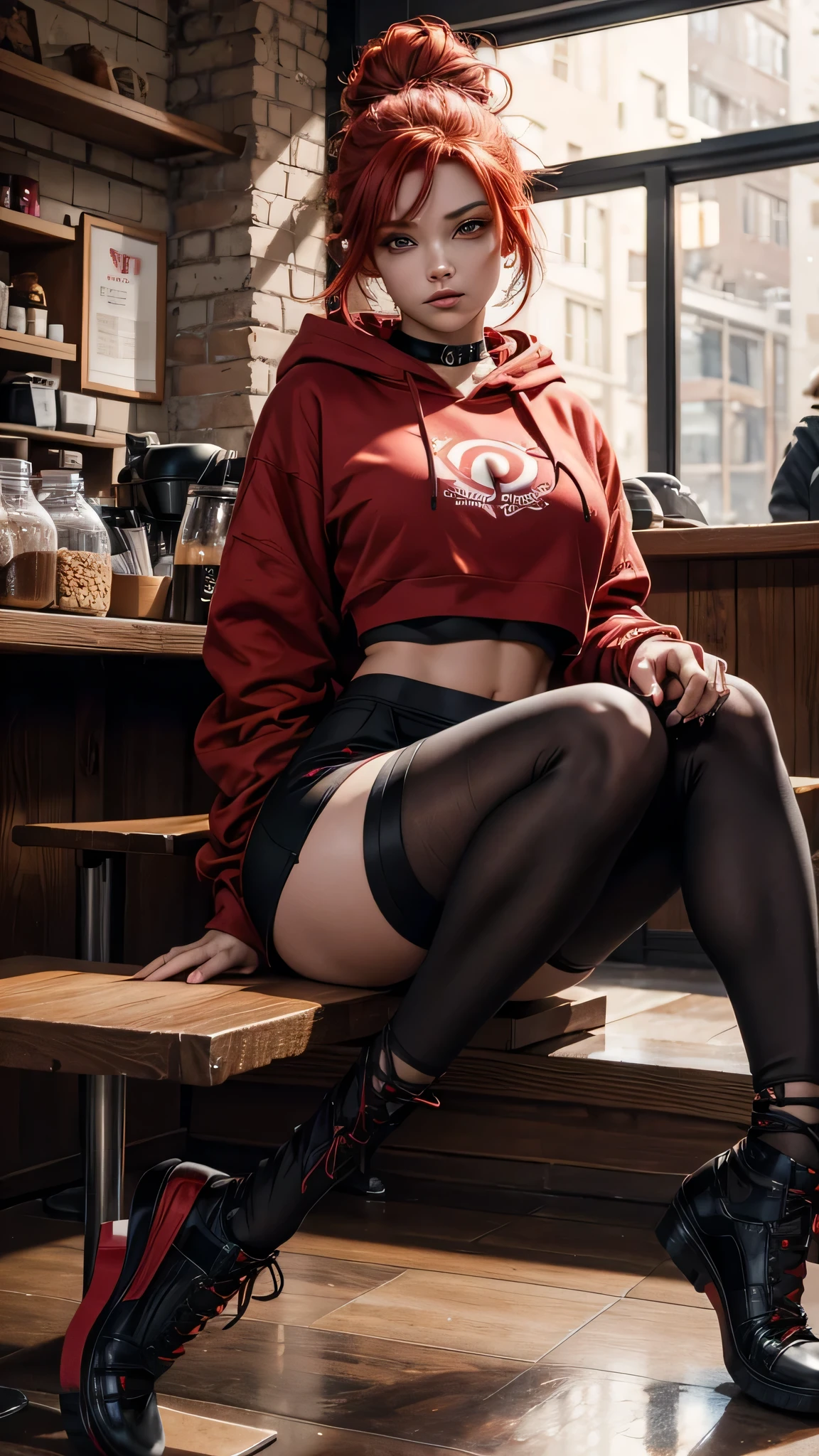 1 girl, Red hair, updo hairstyle, streaks of hair in face, red eyes, mascara, oversized hoodie, midriff, hot pants, tights, laced tights, bags under eyes, sitting, coffee shop, ground angle shot, viewer looking up, feet in tights,  saggy tits, chocker, raw photography, 8k, masterwork,