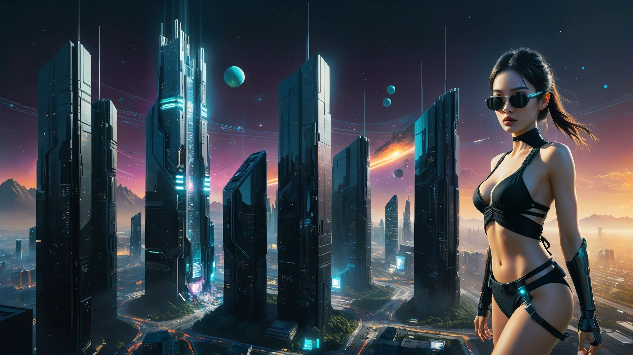 Brightly colored abstract aerial view image of a futuristic city, futuristic flying cars, epic beautiful space sci-fi, chaotic cinematic space rift, Greg Beeple, planets colliding, Beeple and Tim Hildebrandt, Beeple and Jean Giraud, end of the universe, galaxy space sci-fi, ringworld, by Mike "Beeple" Winkelmann. Matrix style, Matrix cascading code, a futuristic twin tower skyscraper with a unique twisted design, (OLED GUI interfaces in the building), at night, (1girl, solo), photo realistic, large-breast:1.2 body, cleavage, off broken mini sling-shirt and black sling bra, miniskirt, (matrix style black micro sunglasses), (holding a short gun), very low view, half-body thigh level medium shot, cinematic lighting, ray tracing.