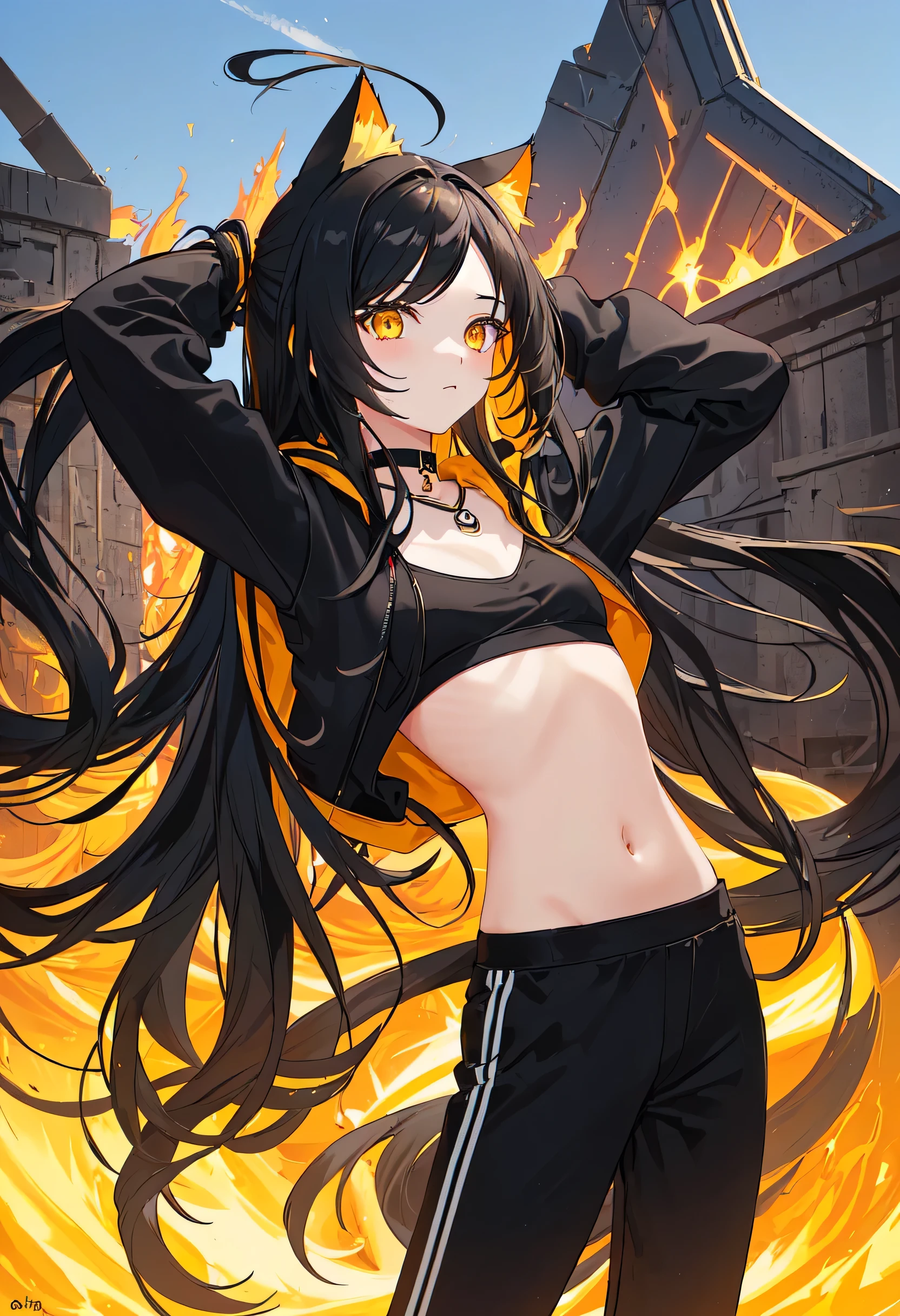 1girl, long hair, black hair, yellow inner hair , wavy hair, orange eyes, choker, small breasts, flat chest, side view, from the side, cropped hoodie, cat ears, cat tail, Black leggings, black yoga pants, slim waist, skinny, ribs, anorexic, outdoors,fire wasteland, volcano, best quality, arms up, hands up,