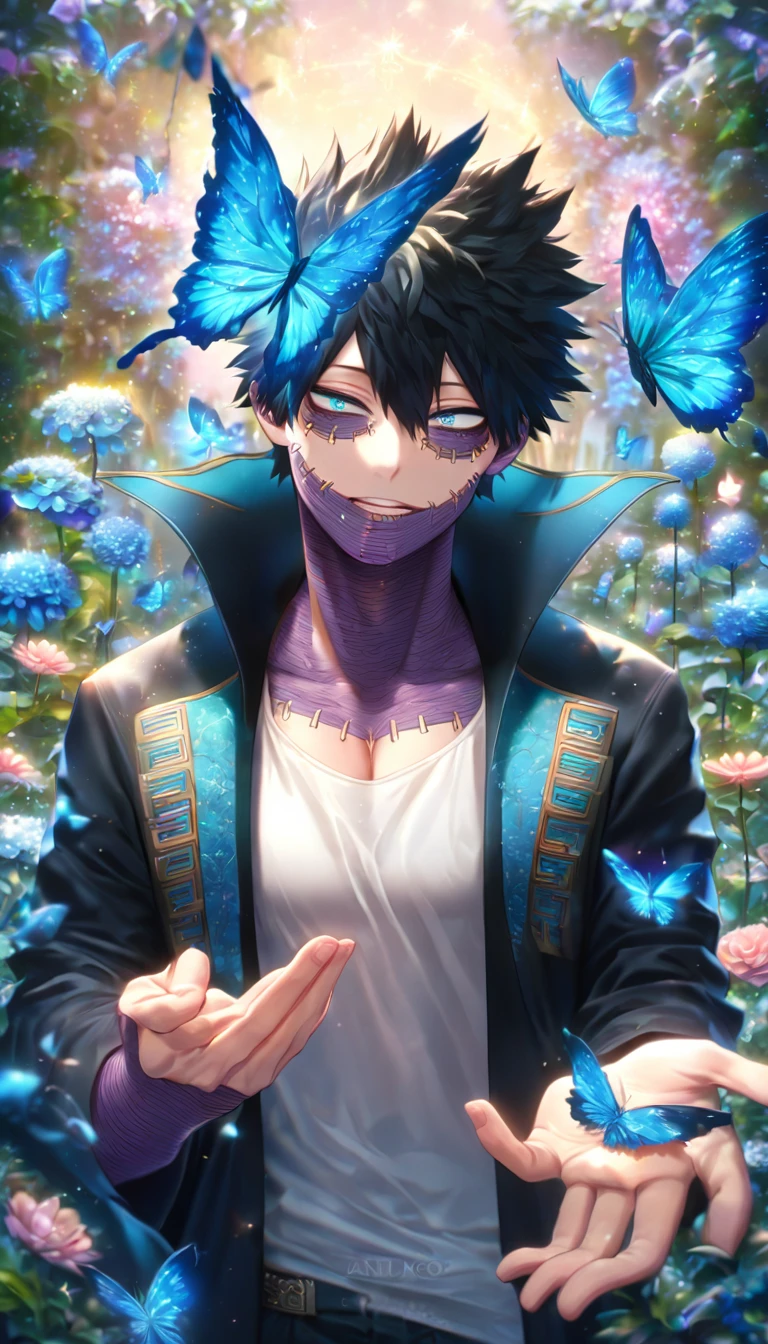 absurdres, highres, ultra detailed, HDR) master piece, best quality, extremely detailed, delicated features, Dabi, black hair, expressive turquoise eyes, Boku No Hero Academia, solo, sexy man, handsome, sensual, black coat with high collar, white T-shirt, fantasy, magical, glittering, water, blue flames, blue moon, blue flowers, blue butterflies, garden