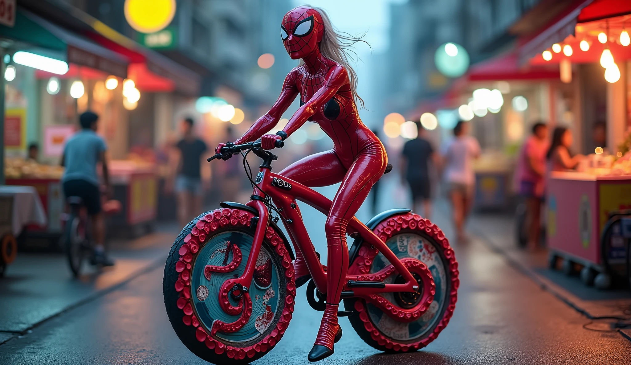 spidergirl (cute woman) in sexy tight fitting alien symbiote suit with red and white styling, on her octopus themed bicycle casually riding, crowded street of Bangkok
