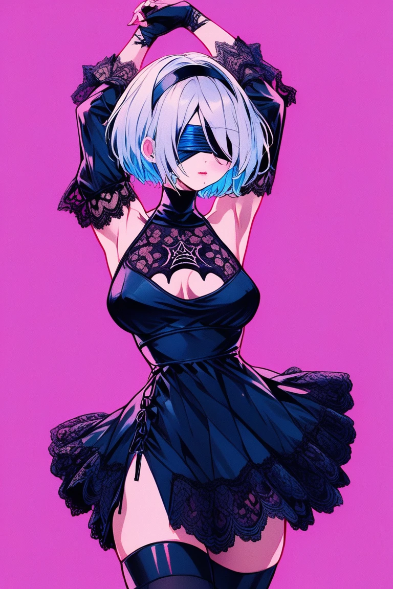 Illustrator, anime , Realistic ,sketch , 1 person, model, lip, A translucent gothic black mini dress with lots of lace, blindfold, eye covered, black blindfold, order, Blue and pink gradient background, Neon colored short hair, Big Breasts, whole body, look back, Sexy look, Sexy pose, Texture Trim, Russia, (masterpiece,Highest quality)