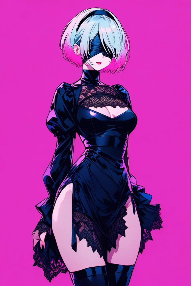 
Illustrator, anime , Realistic ,sketch , 1 person, model, lip, A translucent gothic black mini dress with lots of lace, blindfold, eye covered, black blindfold, order, Blue and pink gradient background, Neon colored short hair, Big Breasts, whole body, look back, Sexy look, Sexy pose, Texture Trim, Russia, (masterpiece,Highest quality)