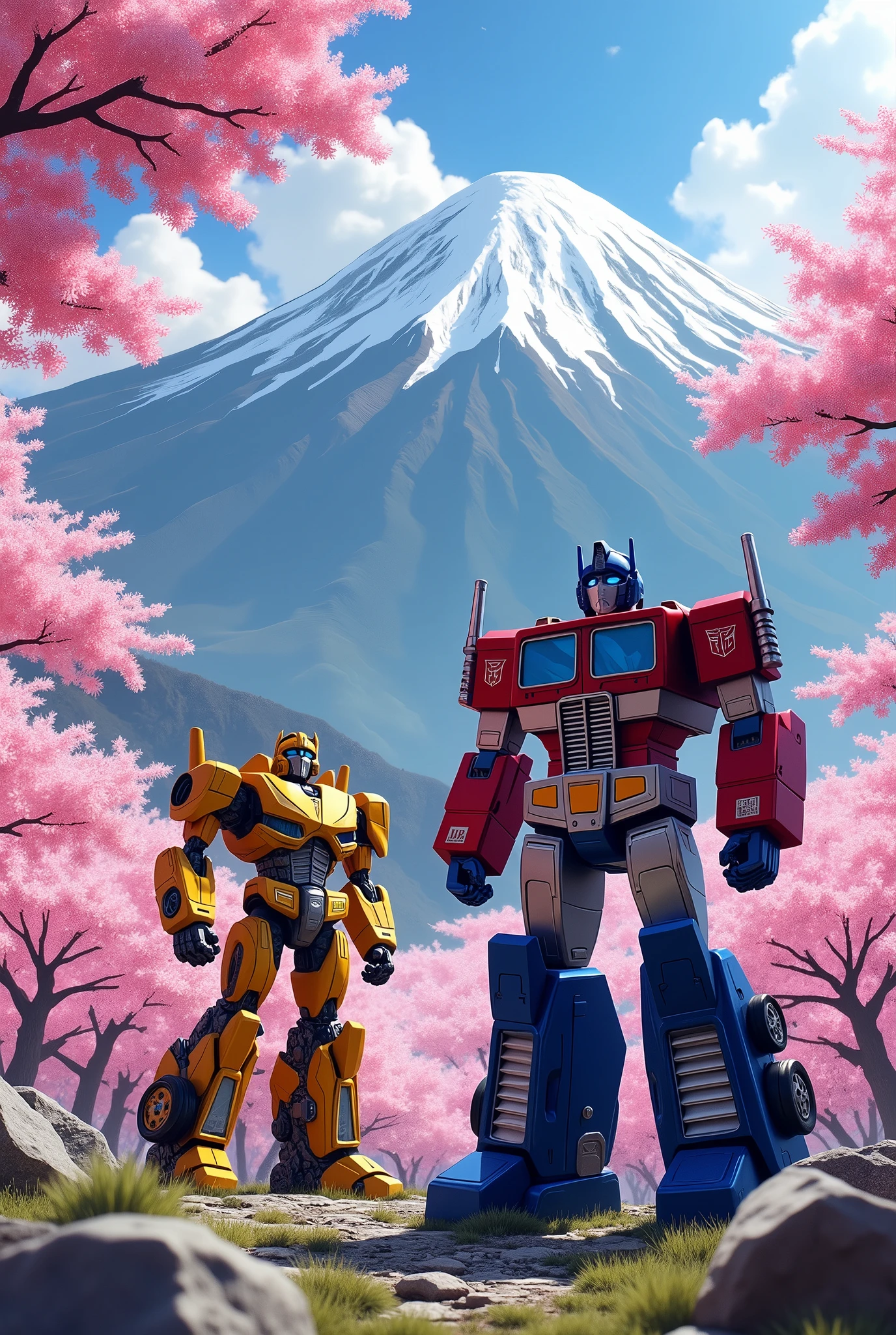 Optimus Prime, Bumblebee, G1 Transformers, detailed Japanese landscape, mountains, sakura trees, anime style, cinematic lighting, dramatic shadows, vibrant colors, highly detailed, 8K, photorealistic, masterpiece