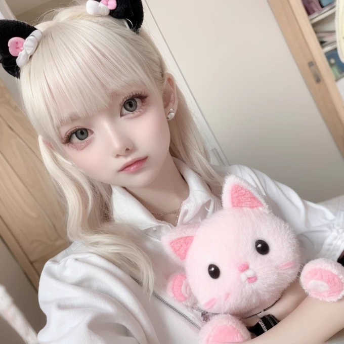 There is a lady holding a plush toy, Hello Kitty;, Trends in CGTacing:, very beautiful and cute kitten, Popular content on cgstation, Sakimichan, Surreal sweet bunny girl, Nguyen Vtuber's father, Hello Kitty, 480p, 4 8 0 points, Linda Delfina, Charming cat girl, Light milky white porcelain skin,  White Cat --auto