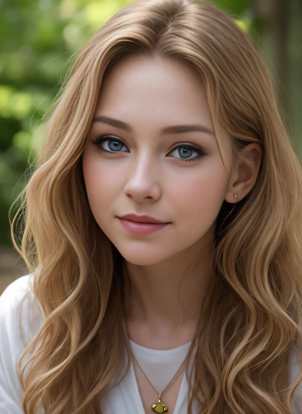 masutepiece, Realistic, Detailed eyes, Beautiful, Looking at the viewer, Natural lighting, depth of fields, Film grain, Wrinkled skin, 24 year old, Female, Solo, long wavy blonde hair, Blue eyes, brown, Formal shirts and t-shirt, a necklace、 Smile, Lips, Upper body, Portrait, Front view, exterior