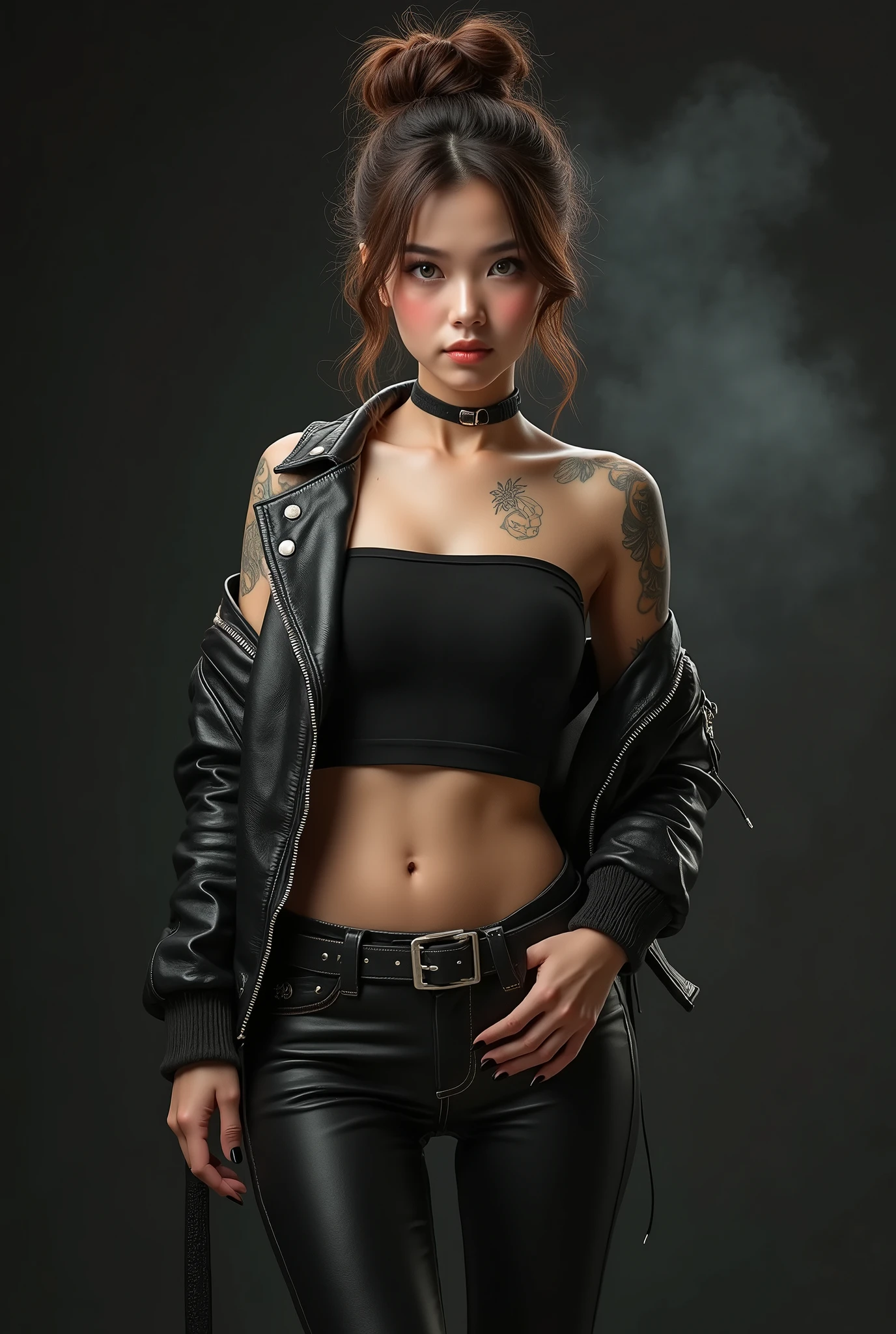 cute tanned japanese woman, amorous and lewd face, bun brown hair, forehead, make-up, grey eyes, superlative body proportion, covered in tattoos, wearing open riders leather jacket, black tank top, tight fitting leather pants, engineer boots, void black and smoke background, artistic photography, hyper realistic, graphic CG digital art