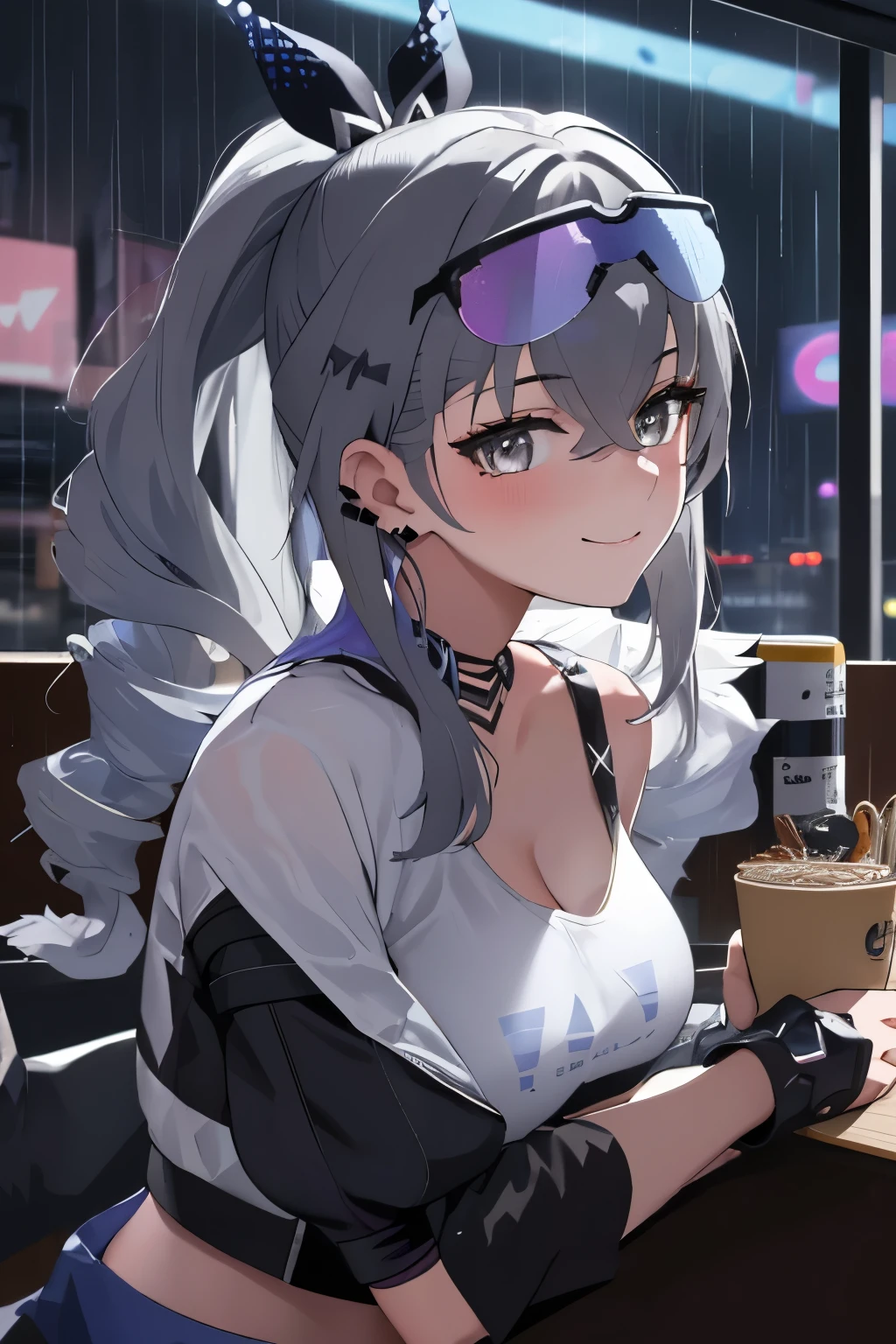 Masterpiece, Best quality, 1girll, Solo, Extremely detailed, Extremely detailed eyes, extremely detailed background,Lori huge breasts cleavage，adolable，pyjamas，As a child，((SilverWolf V4)), Tiny breasts,  With gray eyes, whaite hair, eyewear on head, Short sleeves, hair adornments, Earrings, Drill hair, Black shorts, Black gloves, pony tails, Evening, neon city lights, rain, rain drops, Mirror reflection, Cyberpunk, Ramen restaurant,  across table, angle of view, view across table, ramen bowl, view the viewer, Arms down, arms to the side, T-shirt, white shirt logo, Shy, Smiling, Blushing, Perfect hands, Depth of field,