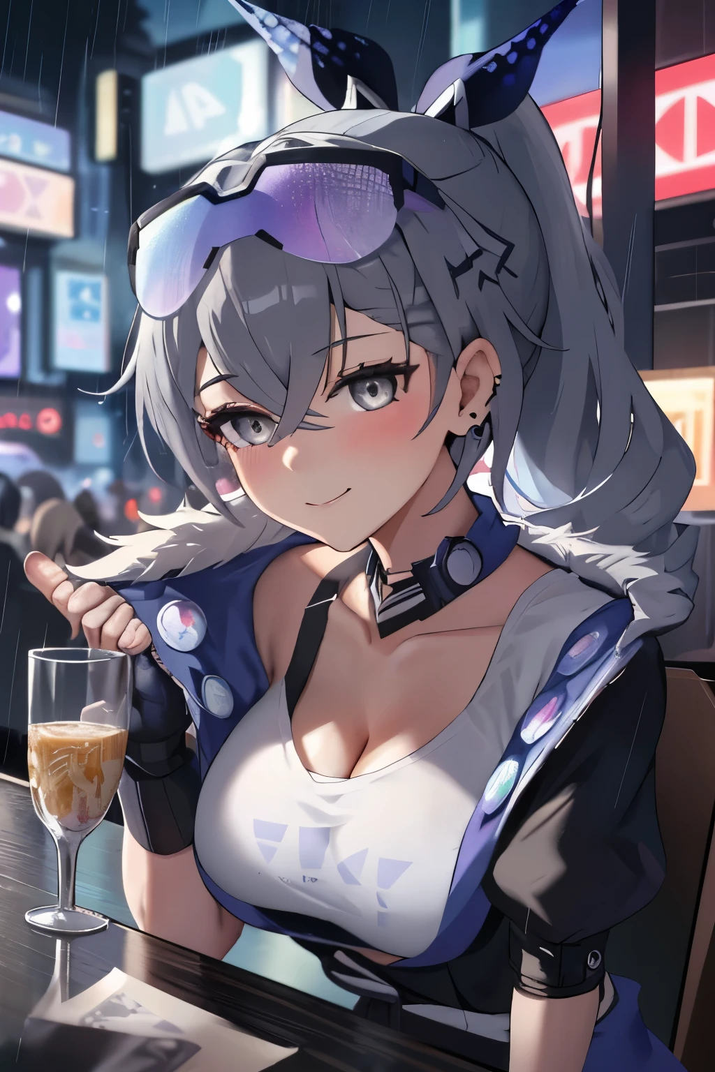 Masterpiece, Best quality, 1girll, Solo, Extremely detailed, Extremely detailed eyes, extremely detailed background,Lori huge breasts cleavage,adolable,pyjamas,As ,((SilverWolf V4)), Tiny breasts, With gray eyes, whaite hair, eyewear on head, Short sleeves, hair adornments, Earrings, Drill hair, Black shorts, Black gloves, pony tails, Evening, neon city lights, rain, rain drops, Mirror reflection, Cyberpunk, Ramen restaurant, across table, angle of view, view across table, ramen bowl, view the viewer, Arms down, arms to the side, T-shirt, white shirt logo, Shy, Smiling, Blushing, Perfect hands, Depth of field,