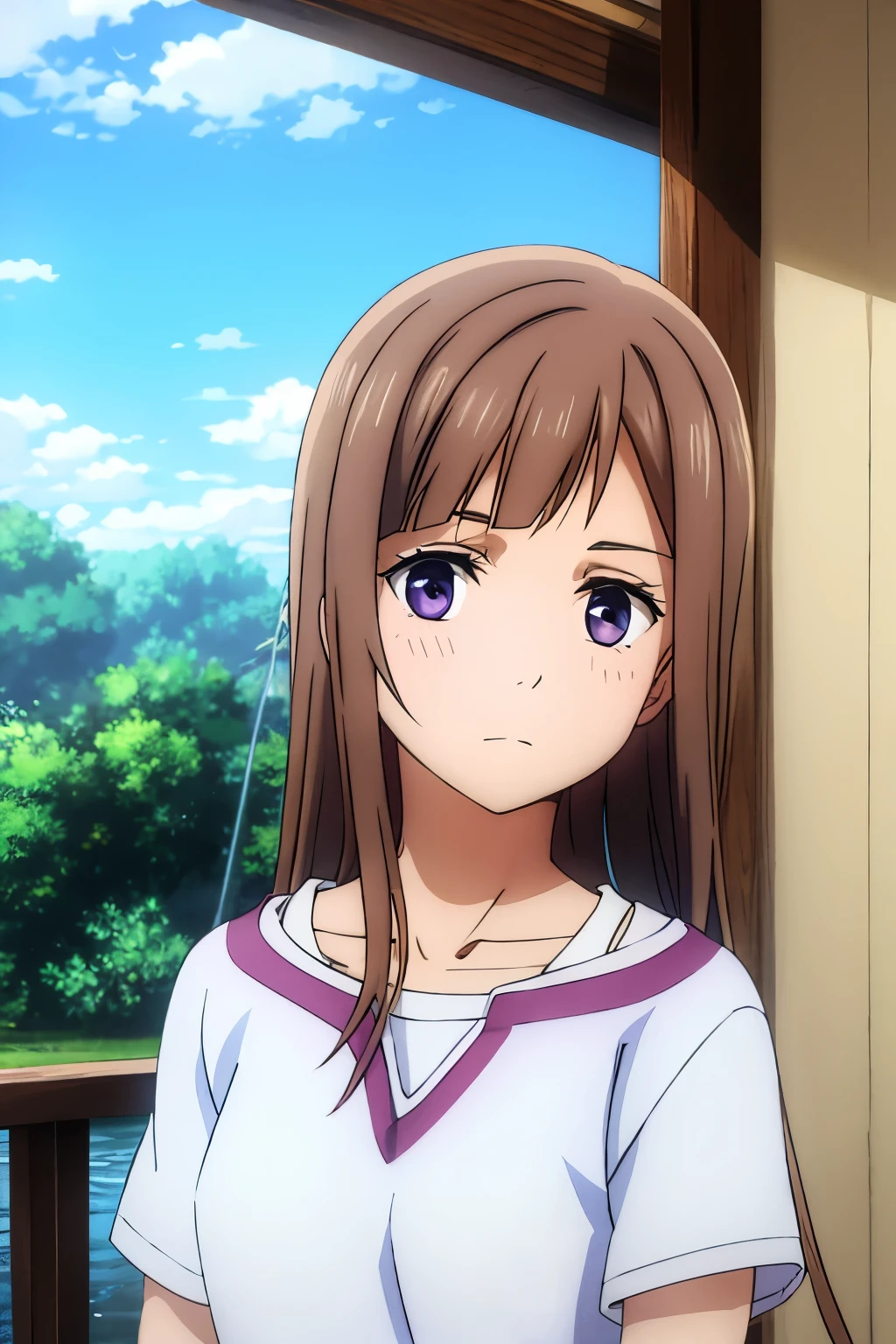 Brown chocolate hair, lilac eyes, normal clothes