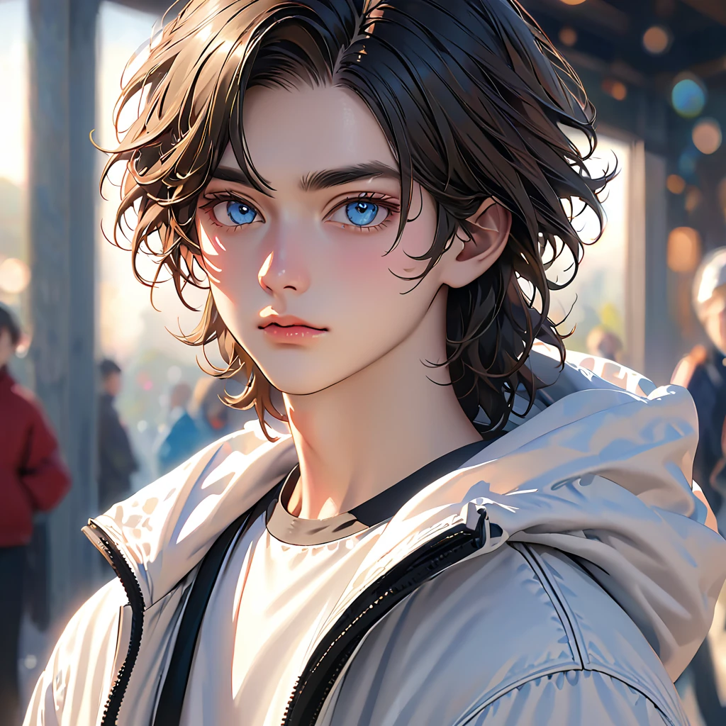 elegant young man, beautiful detailed eyes, beautiful detailed lips, extremely detailed eyes and face, long eyelashes, wavy long black hair with white tips, soft curly hair, boy with shoulder length hair, boy with hair covering eyes, boy with black and white hair, neat thin black eyebrows, dark blue eyes, light circles under eyes, small thin nose, full soft pink lips, beauty mark under right eye and left of mouth, beige hoodie, white tshirt, white puffer jacket, beige sweatpants, white sneakers, realistic, photorealistic, photo-realistic:1.37, (best quality,4k,8k,highres,masterpiece:1.2),ultra-detailed,(realistic,photorealistic,photo-realistic:1.37),HDR,UHR,studio lighting,ultra-fine painting,sharp focus,physically-based rendering,extreme detail description,professional,vivid colors,bokeh,portrait