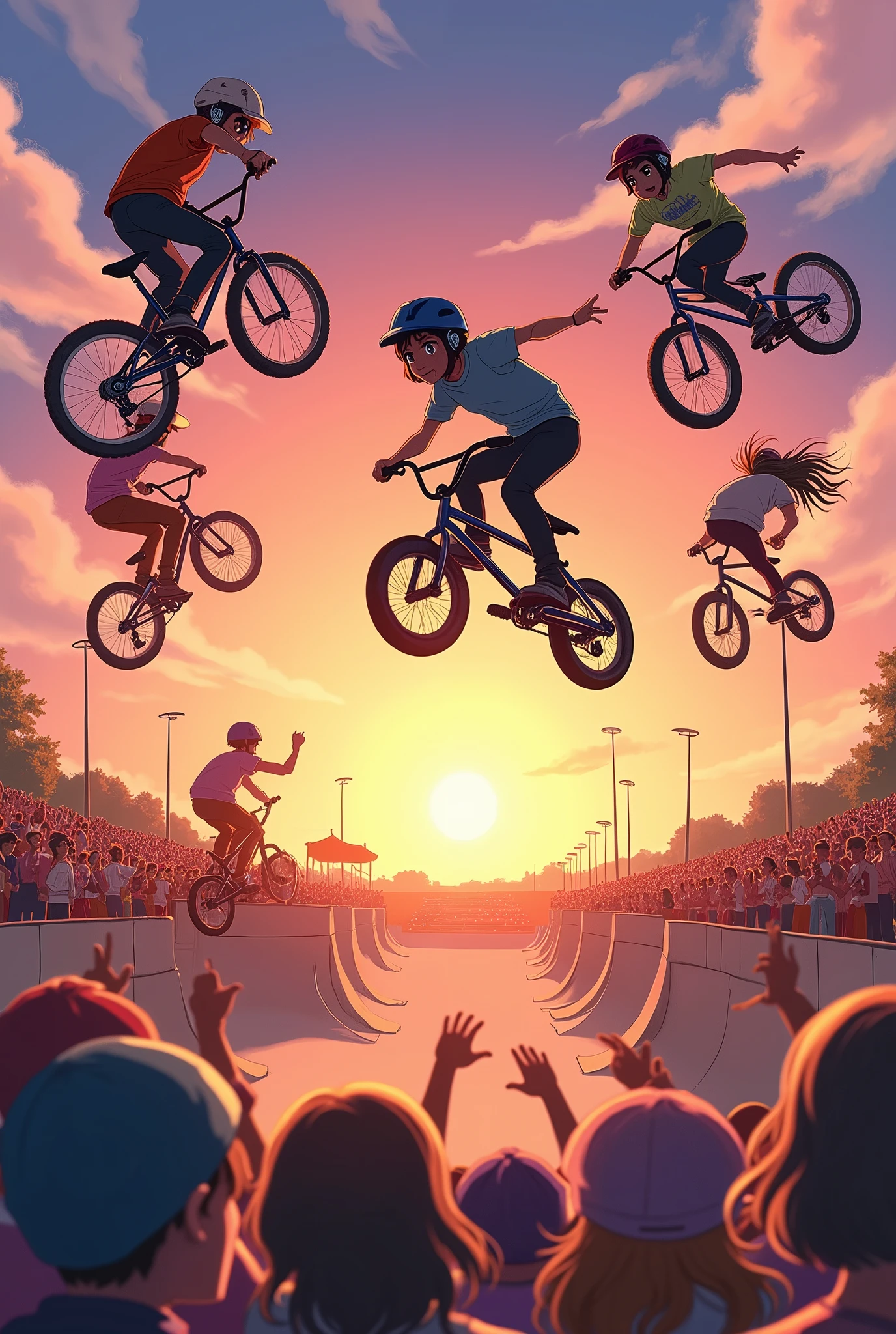 BMX competition, showing off tricks, applauding audience, anime manga illustration art style