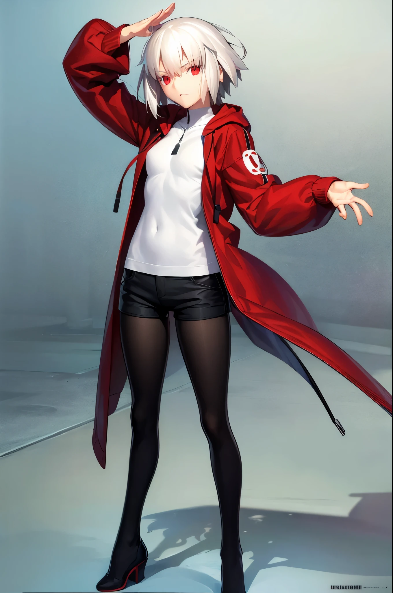 (masterpiece), (best quality), (ultra detailed), contrappost, 1 girl, late age, looking at viewer, happy laughing, short hair, white hair, full zip hoody, kimono,shorts ,red eyes, full body, red, black and white