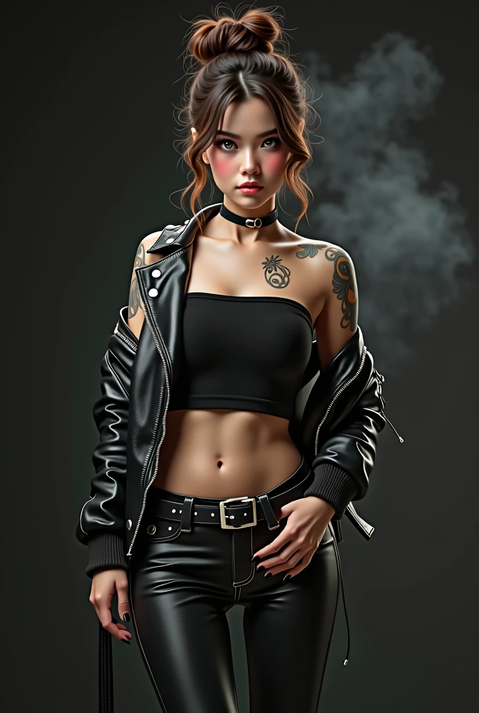 cute tanned japanese woman, amorous and lewd face, bun brown hair, forehead, make-up, grey eyes, superlative body proportion, covered in tattoos, wearing open riders leather jacket, black tank top, tight fitting leather pants, engineer boots, void black and smoke background, artistic photography, hyper realistic, graphic CG digital art