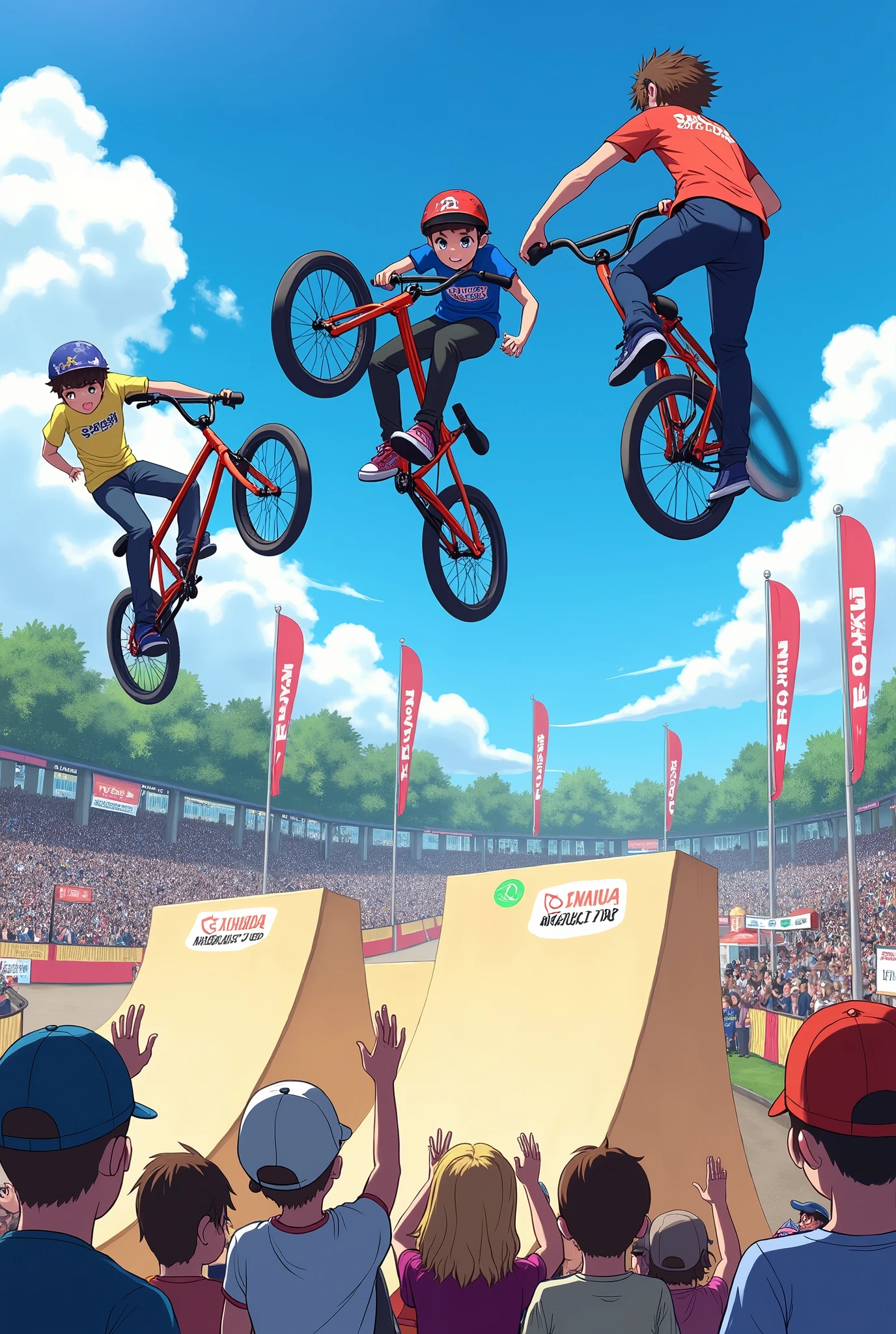 BMX competition, showing off tricks, applauding audience, anime manga illustration art style