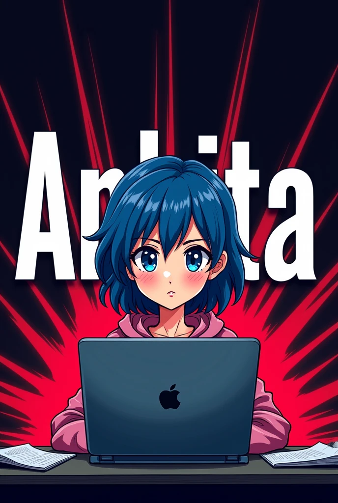 Female cartoon which use laptop and background colour is black and red and in background show biodata of her in which in big write name is "Ankita".