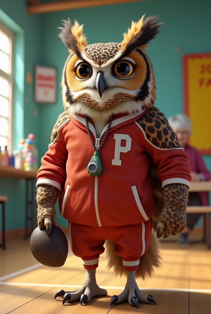 Realistic owl dressed as a PE teacher and wearing a glove full body