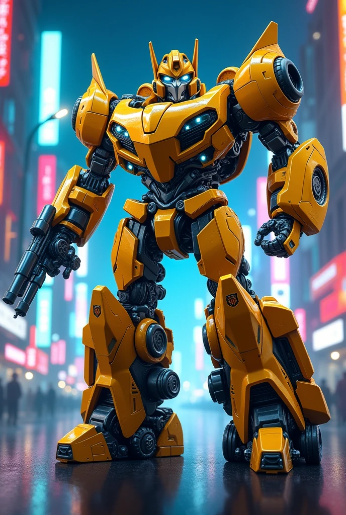 a highly detailed transformers g1 autobot bumblebee as a yellow truck and car,extremely detailed cybernetic machinery, japanese anime style, intricate mechanical design, glowing energy effects, dynamic poses, cinematic lighting, vibrant colors, photorealistic, (best quality,8k,highres,masterpiece:1.2),ultra-detailed,(realistic,photorealistic,photo-realistic:1.37)