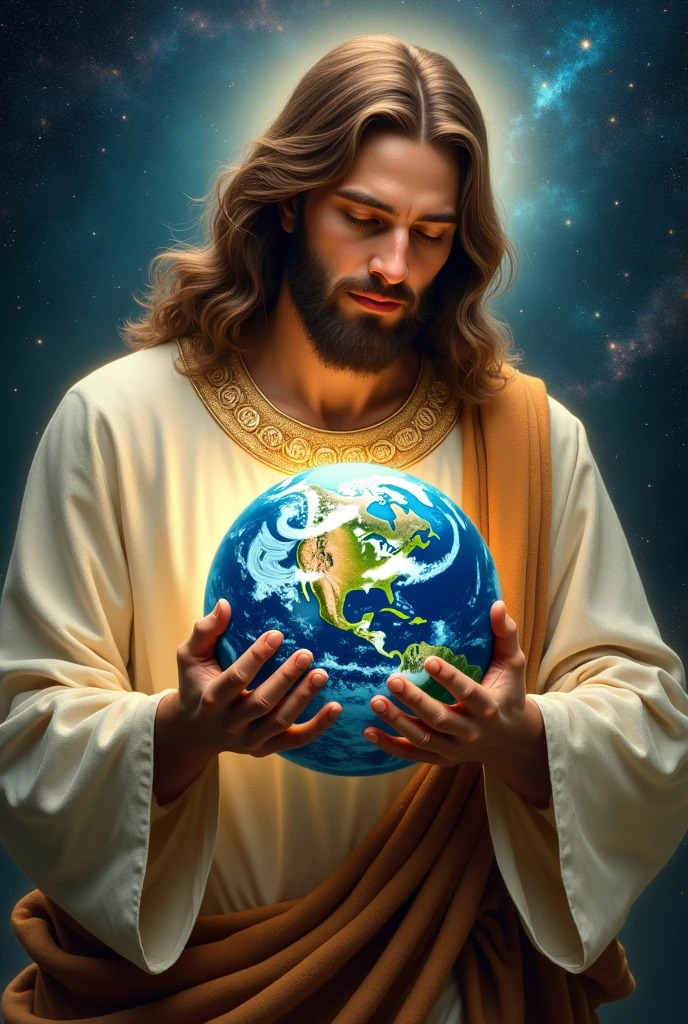 A semi-realistic image of Jesus hugging planet Earth