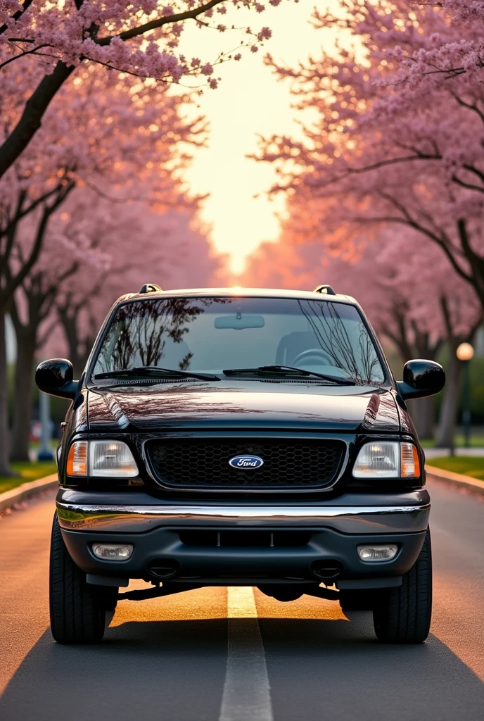 A 2001 Ford Expedition truck with a black hood 