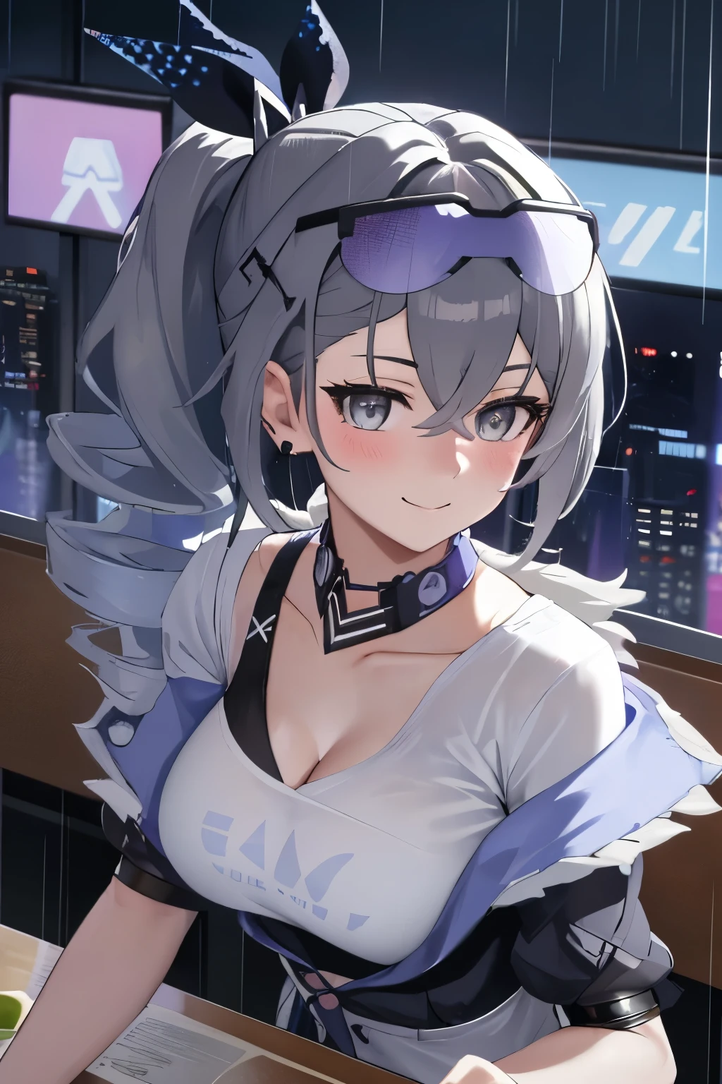 Masterpiece, Best quality, 1girll, Solo, Extremely detailed, Extremely detailed eyes, extremely detailed background,Lori huge breasts cleavage,adolable,pyjamas,As ,((SilverWolf V4)), Tiny breasts, With gray eyes, whaite hair, eyewear on head, Short sleeves, hair adornments, Earrings, Drill hair, Black shorts, Black gloves, pony tails, Evening, neon city lights, rain, rain drops, Mirror reflection, Cyberpunk, Ramen restaurant, across table, angle of view, view across table, ramen bowl, view the viewer, Arms down, arms to the side, T-shirt, white shirt logo, Shy, Smiling, Blushing, Perfect hands, Depth of field,