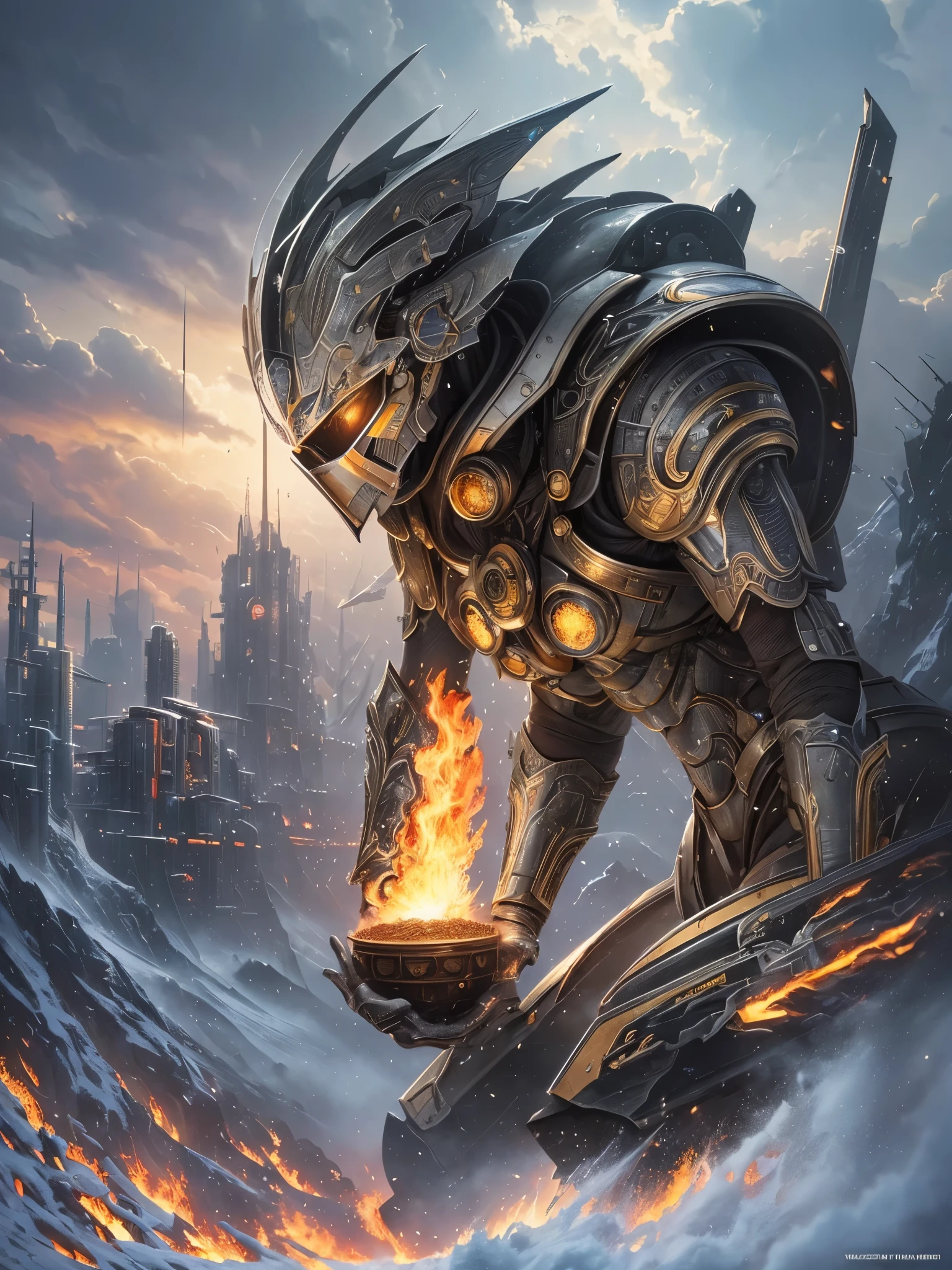 ((Highest quality)),(Ultra-high resolution),(Super detailed),(Detailed Description),((The best CG)),(masterpiece),Highly detailed art,(Art with precise detail:1.5), ((Science fiction movies:1.5)), (A meticulously crafted sci-fi setting:1.6), Lead-colored, gold, The heart will regain its brilliance, steel, Storm Light the fire