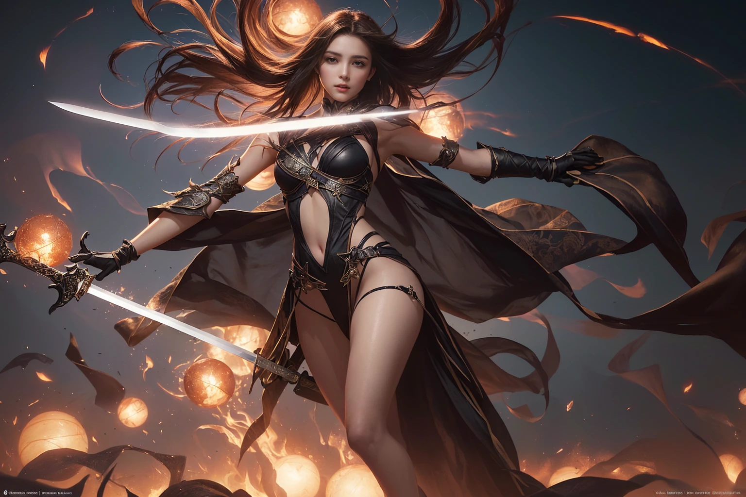 Arabesque woman in black with sword and glowing ball, Wallop and Krentz Kuschaert, Uropa Art, Kschaert Krentz Key Art Feminine, art of Wlop, Complex, art of Wlop and greg rutkowski, Los Tran and Europ, Lostrun 8k, Shiny skin